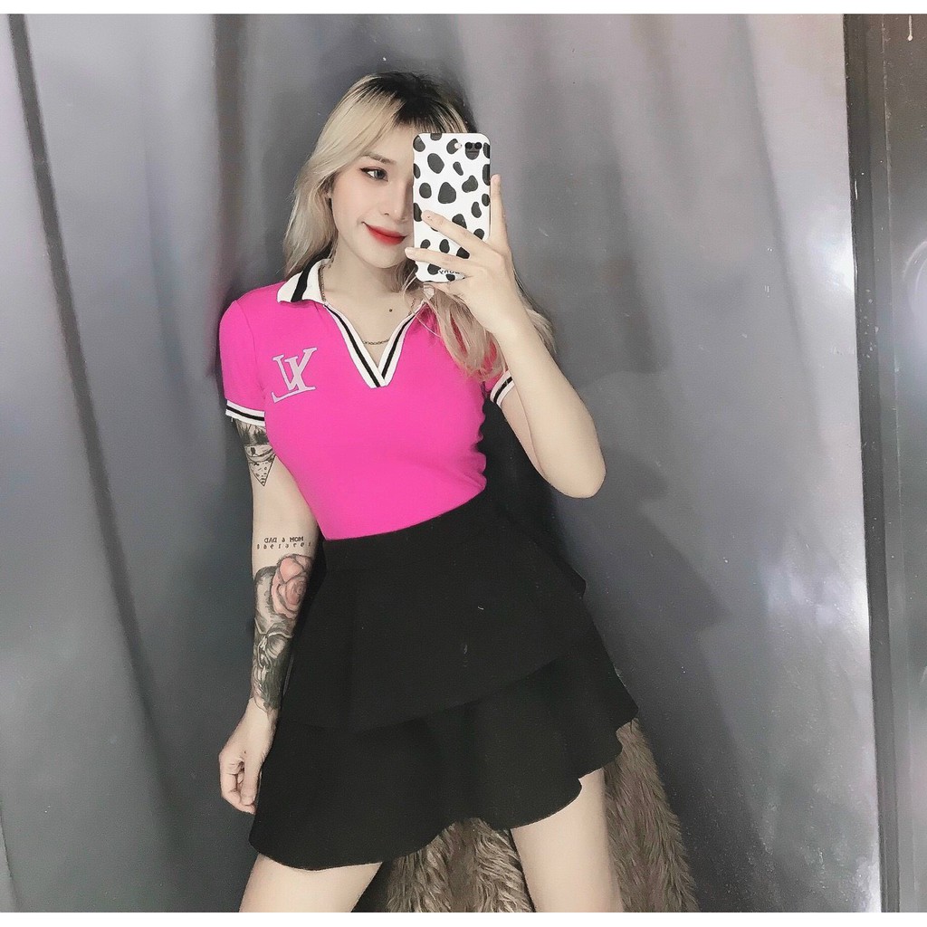 áo cổ bẻ ôm dáng in chữ l v xinhhh hot lắm ảnh thật