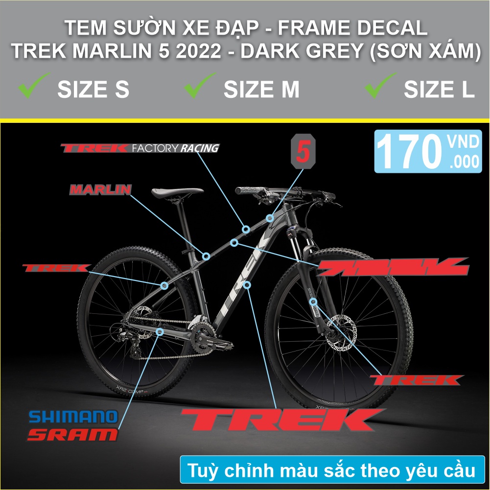 Tem decal dán sườn xe đạp địa hình Trek Marlin 5 2022 Xám/Gray | MTB Frame decal | CycleWrap