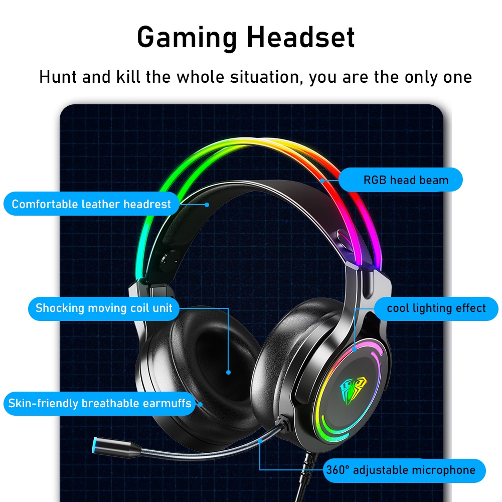 Tai Nghe Trùm Đầu Chơi Game AULA S506 RGB Hiệu Ứng Âm Thanh Vòm 360 Độ° Micro HD Gọi Điện Thoại Chất Liệu Thân Thiện Với Da Thích Hợp Cho PC Laptop