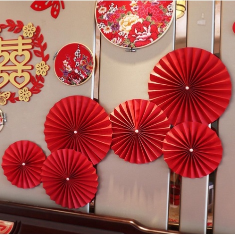 Phụ kiện trang trí đám cưới, bóng happy wedding, cô dâu chú rể, chữ hỷ, quạt đỏ,,,