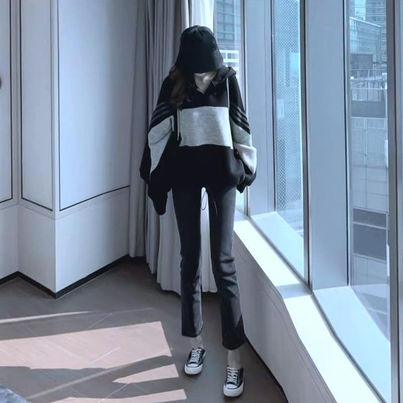 Kích thước cộng thêm  nữ áo len dài tay có mũ trùm đầu mỏng quá khổ