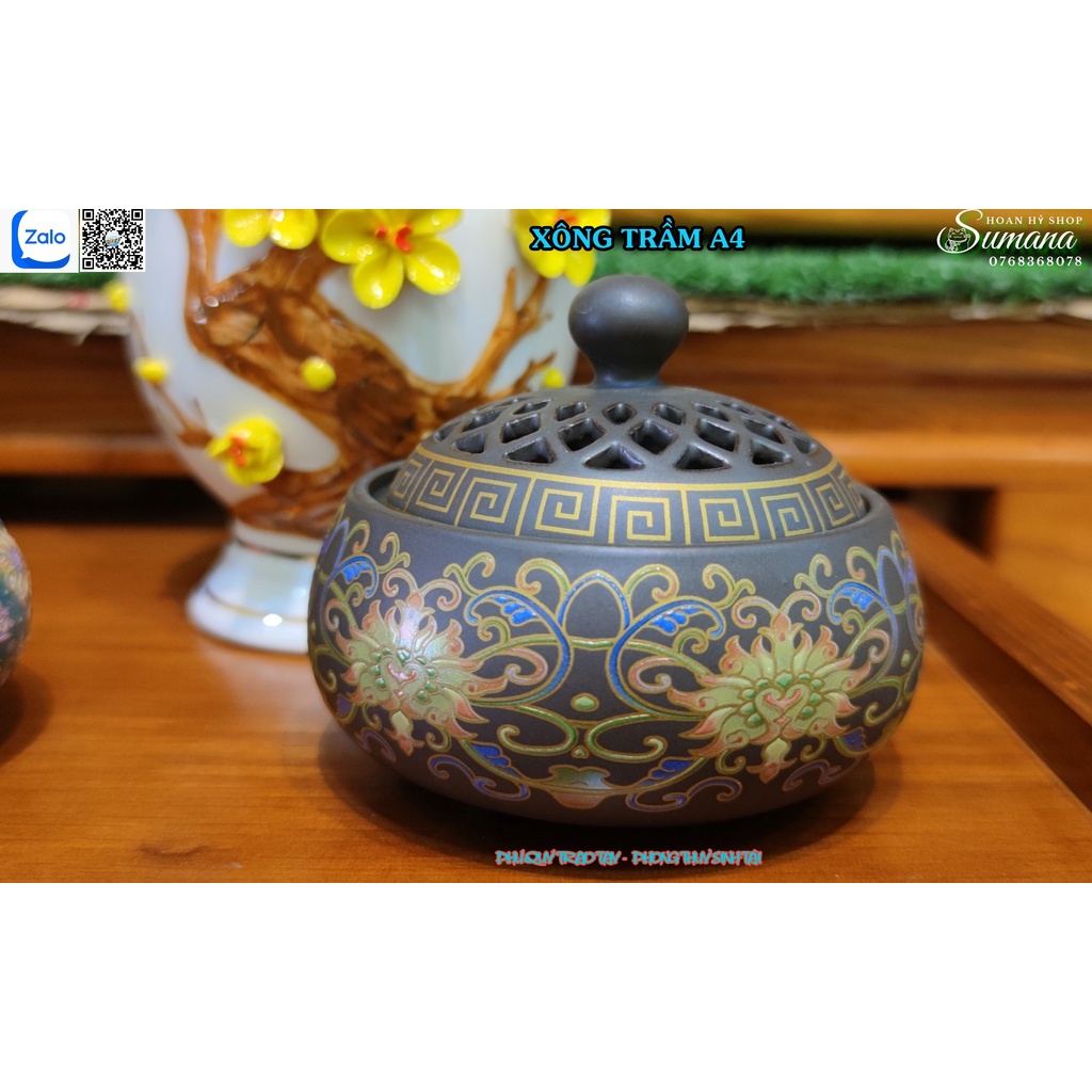 Lư Gốm Xông Trầm - Lư Hương Gốm Thủ Công Cao Cấp A4, A7- tặng kèm 3 nụ trầm Đài Loan cao cấp + tấm lót chống cháy - Hoan