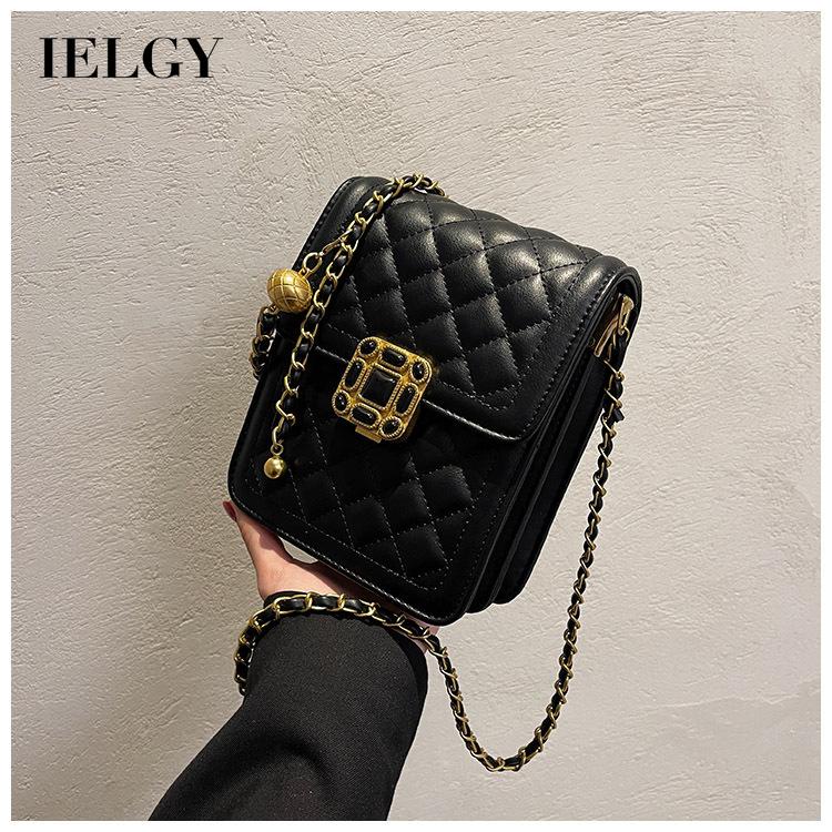 Túi đeo vai IELGY màu đen phối dây xích đính đá thời trang sang trọng cho nữ