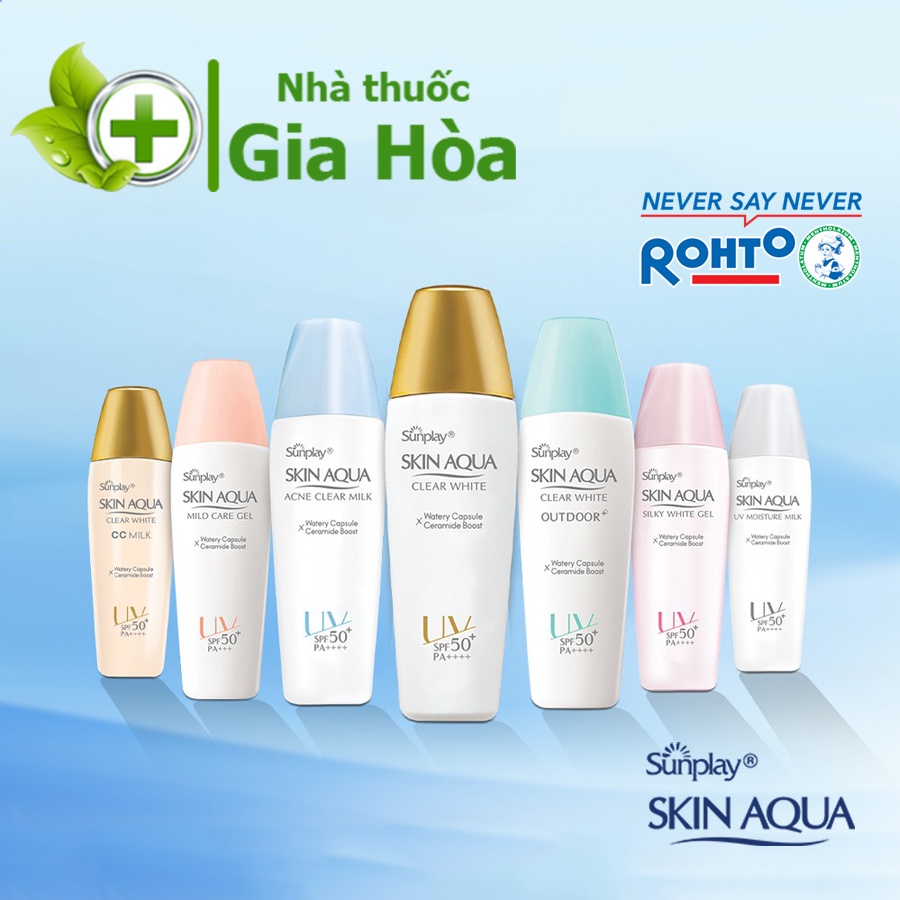 Kem chống nắng da mặt và toàn thân Sunplay Skin Aqua dưỡng ẩm, trắng mịn, ngừa mụn, kiềm dầu, chống nước (dạng sữa, gel)