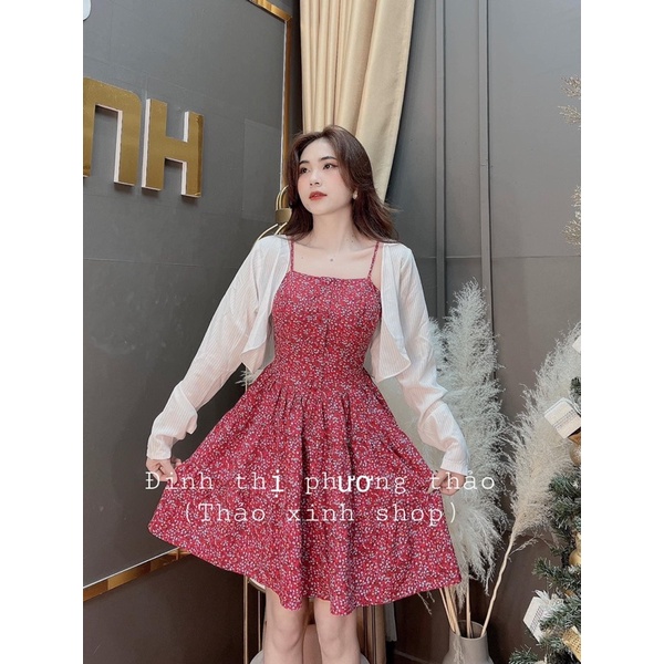 SET ĐẦM HOA 2 DÂY ĐỎ-VÀNG + ÁO KHOÁC XƯỢC VẢI TRẮNG