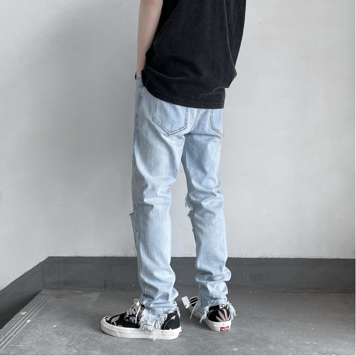 (sale xả kho) Quần jean rách nam rách gối dáng baggy màu xanh trắng 324 Pon.mens