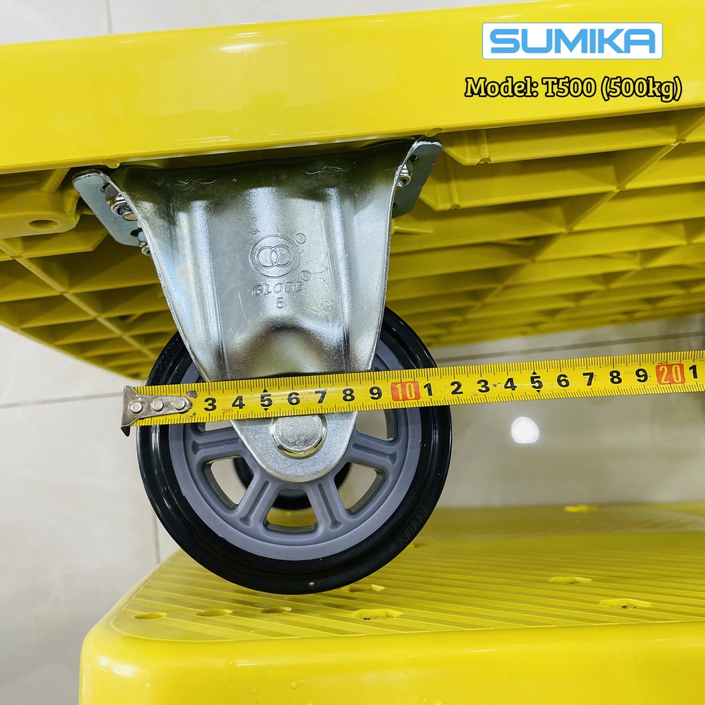 Xe đẩy hàng 4 bánh sàn nhựa SUMIKA T500, tải trọng 500kg, bánh xe nhựa PU đàn hồi, tay cầm gấp gọn