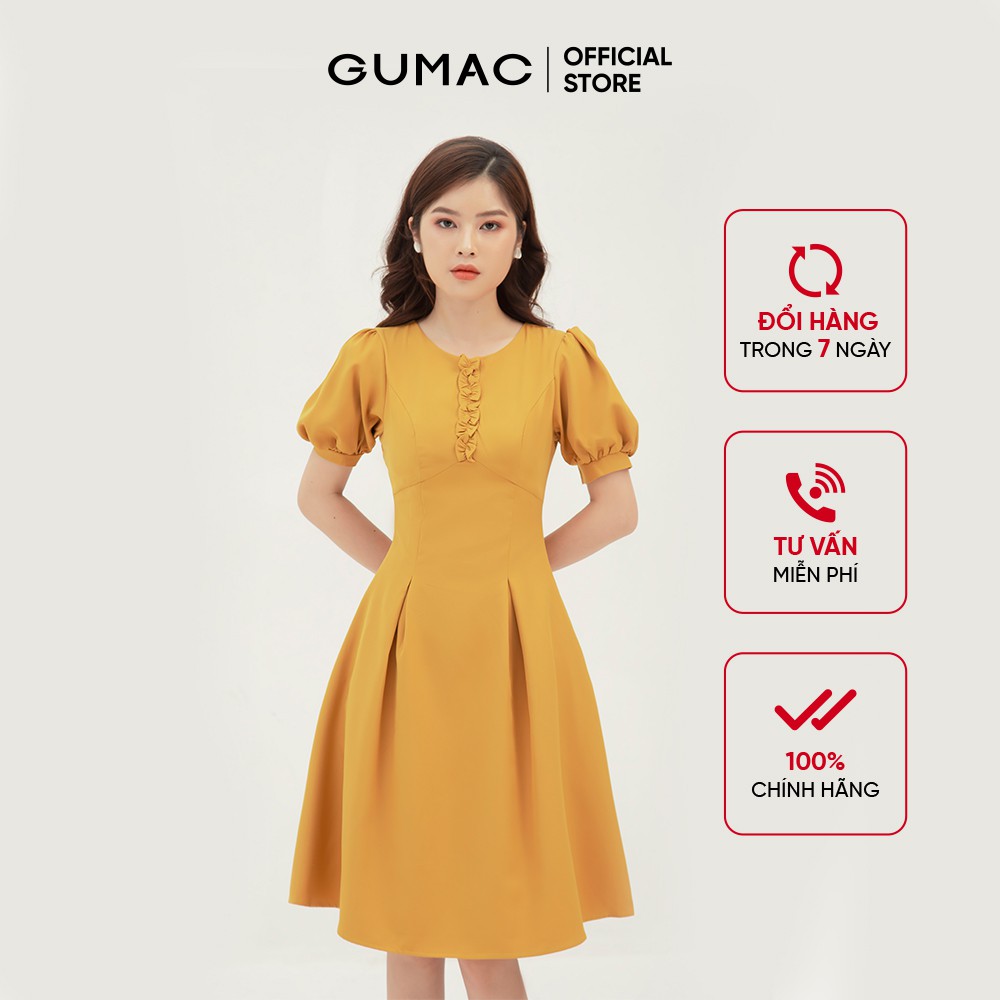 Đầm nữ phối họa tiết tay GUMAC ôm body, thiết kế màu vàng đủ size DB346
