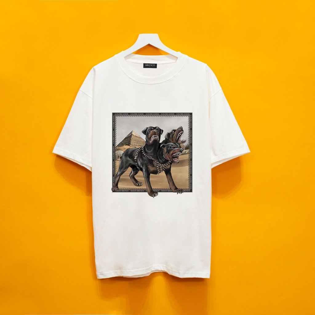 Áo thun unisex in hình chó 3 đầu cực ngầu, áo phông cổ tròn form rộng tay lỡ
