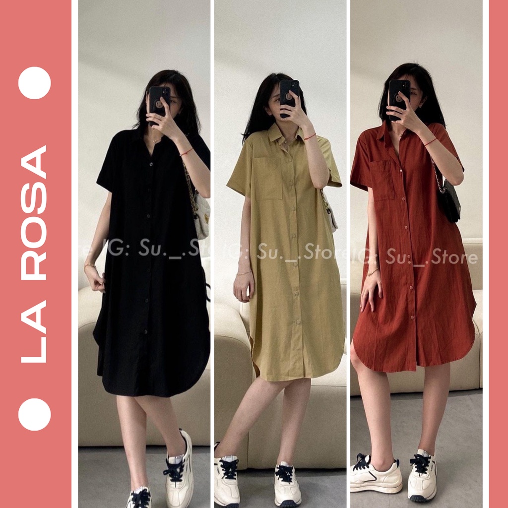 Váy Sơ Mi Ngắn Tay Cổ Đức Phối Túi Ngực Vạt Bầu Đầm Dáng Suông Chất Thô Mềm Phong Cách Thanh Lịch LA ROSA VĐ01