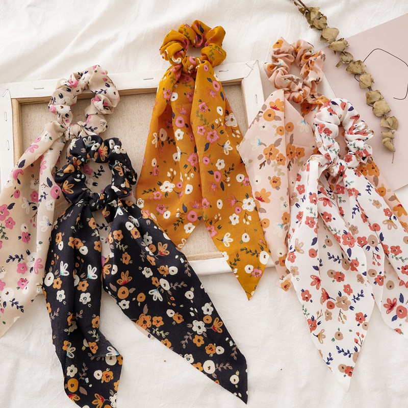 S39 Scrunchies thắt nơ vải hoa nhí xinh xắn