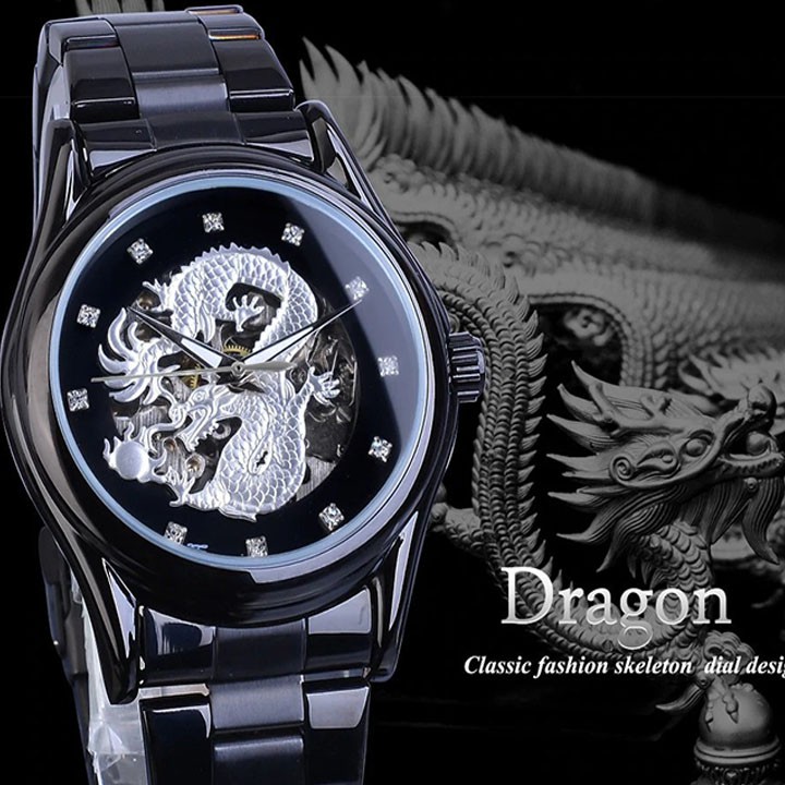 Đồng hồ nam cơ Qianba dây thép chống gỉ mặt rồng