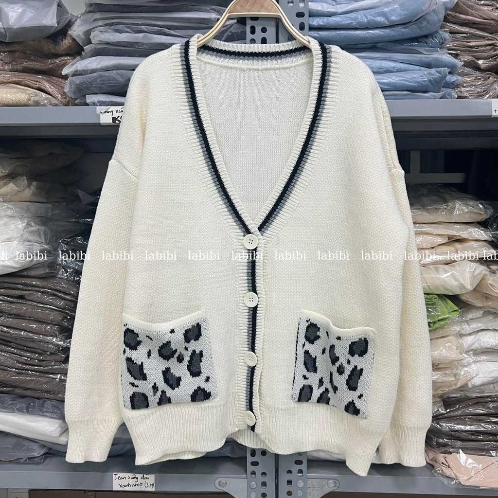 Áo Cardigan Họa Tiết Báo Hồng Len Dày Form Rộng Xinh Xắn, Labibi