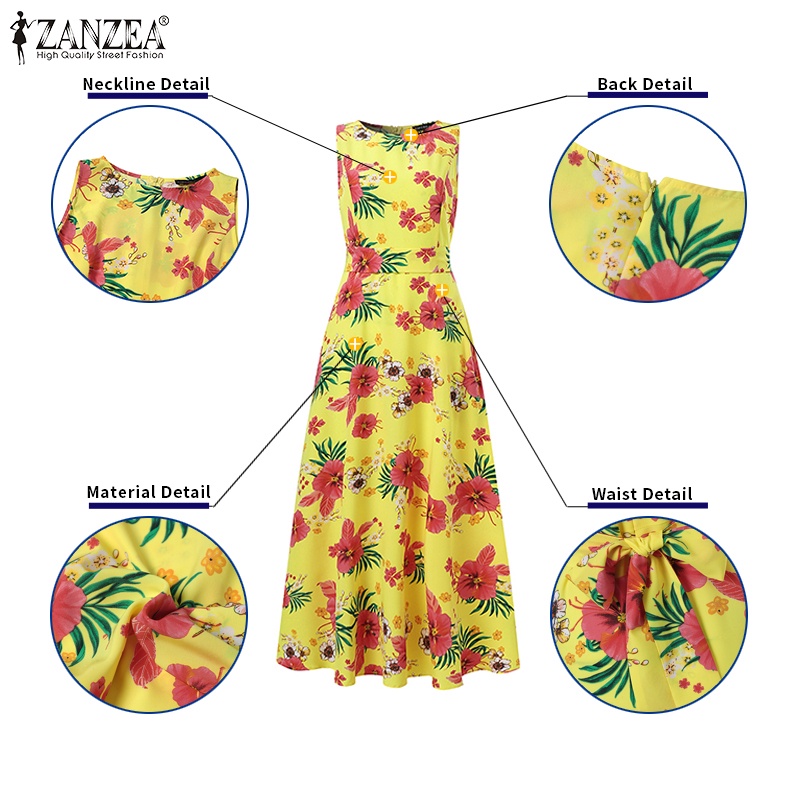 ZANZEA Đầm Dài Dáng Chữ A In Họa Tiết Hoa Kèm Túi Và Thắt Lưng Phong Cách Châu Âu Thời Trang Cho Nữ