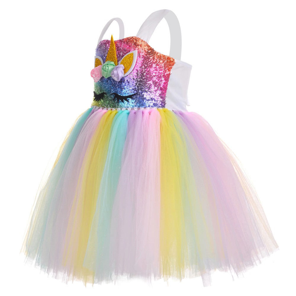 Đầm Công Chúa Họa Tiết Kỳ Lân Kèm Băng Đô Cài Tóc Thời Trang Cho Bé Gái