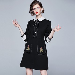 European New Peter Pan Collar Solid Color Long Sleeve Elegant Dresses Embroidery Pocket Slim Dress