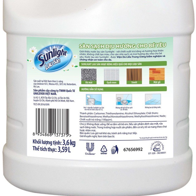 Nước lau sàn Sunlight em bé thiên nhiên chiết xuất tre & lô hội 3.6kg