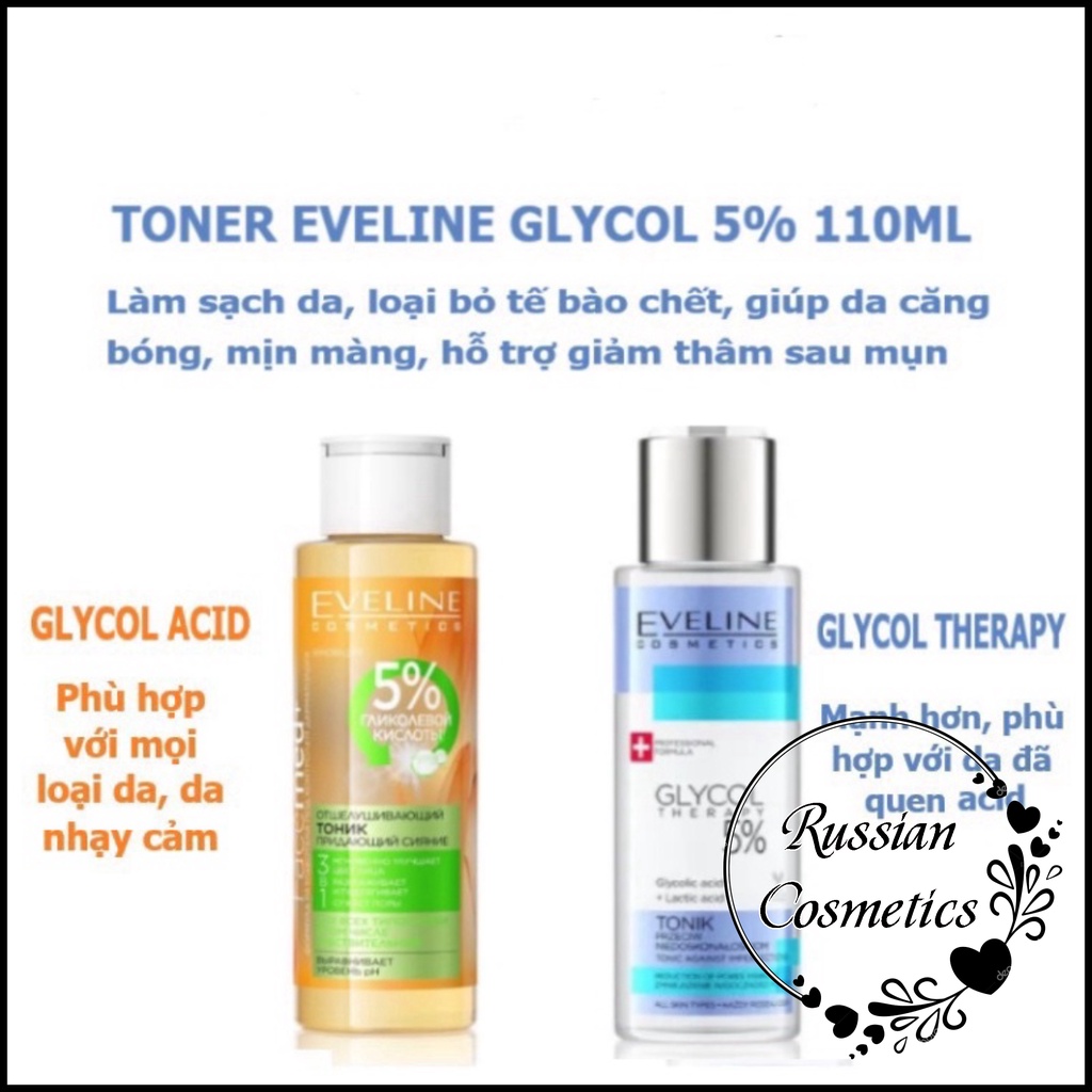 Toner Eveline 5% Glycolic Acid - Glycol Therapy giúp da căng bóng,mịn màng, mờ thâm mụn