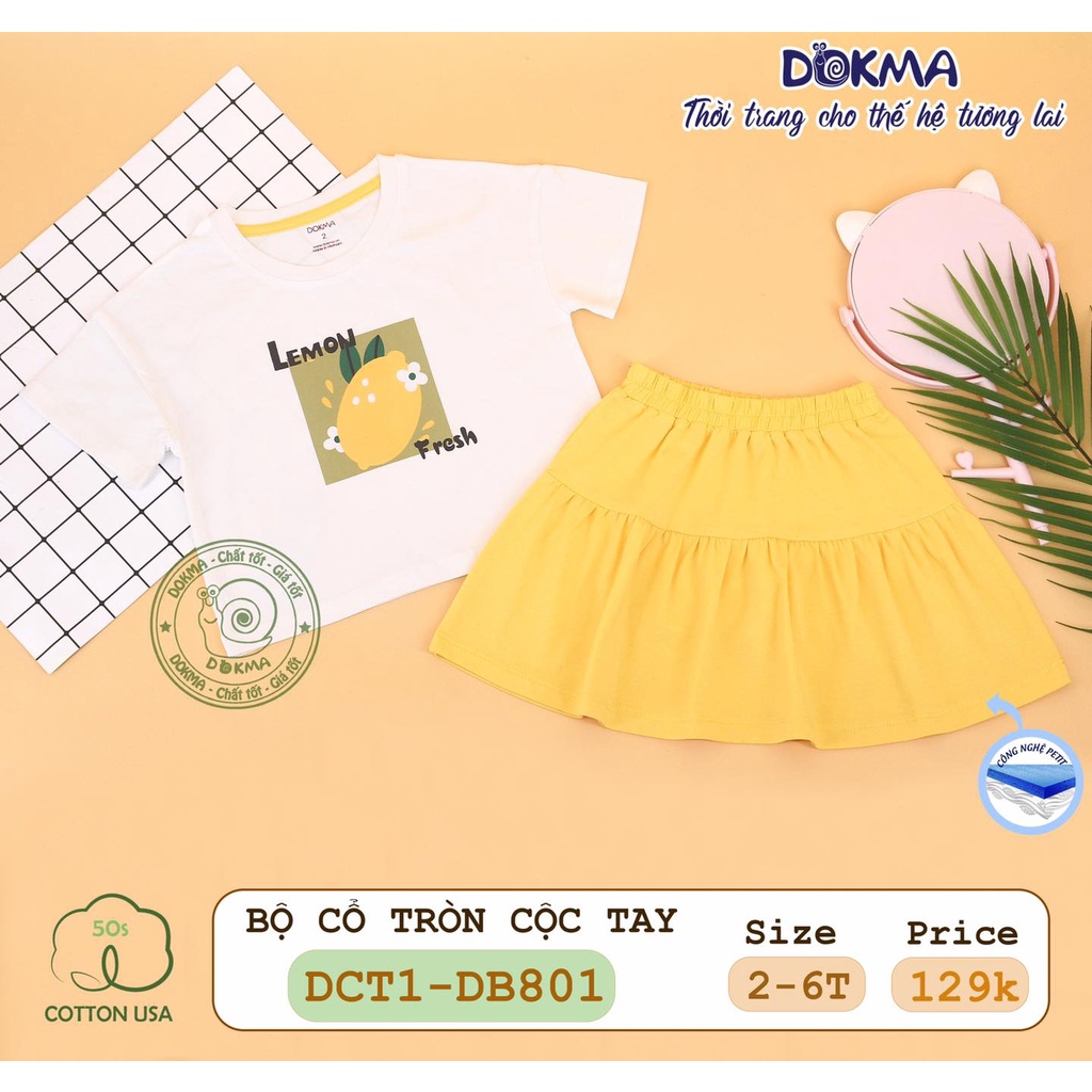 DB801 Bộ cổ tròn cộc tay chân váy bé gái Dokma (2-6T)