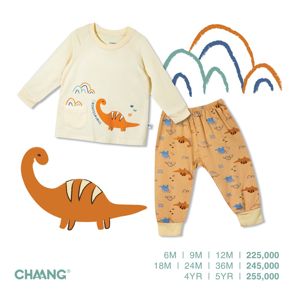 Bộ quần áo dài bé trai raglan Dino vàng CHAANG