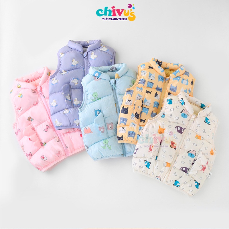 Áo gile phao cho bé CHIVU'sKID áo gile cho bé trai bé gái màu vintage họa tiết túi cánh tiên cách điệu rất dễ thương