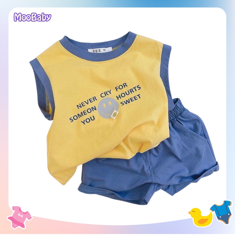 Bộ Ba Lỗ Sát Nách Bé Trai in chữ Never Cry, Đồ Bộ Hè Chất Cotton Cực Mát Cho Bé Từ 6-27kg - MOOBABY SHOP