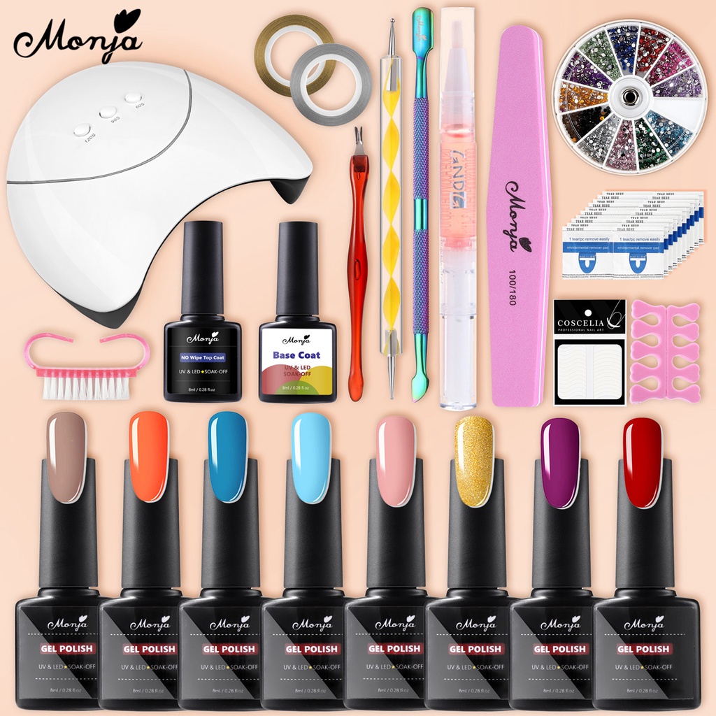 Set 8 gel sơn móng tay màu sắc khác nhau và dụng cụ làm móng MONJA UV/ LED 36W tiện lợi
