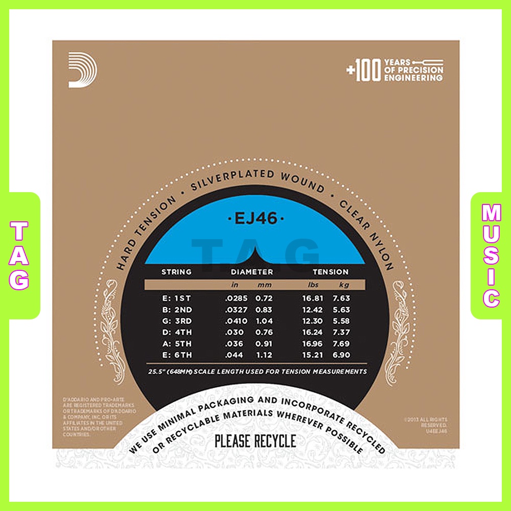 Dây nylon đàn Guitar Classic D’Addario EJ46 Pro-Arte Clear, Silverplated Wound, Hard Tension chính hãng USA