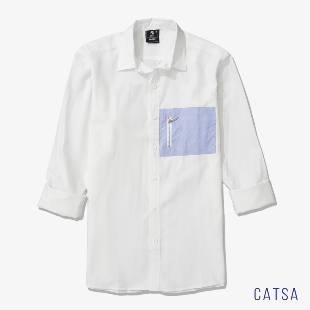 Áo sơ mi nam tay dài màu trắng phối xanh vải Cotton kaki form áo đẹp, sang trọng CATSA ASC328
