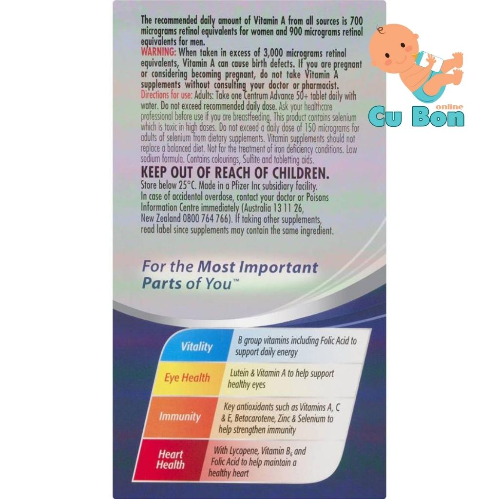 Vitamin tổng hợp Centrum Advance 50+ Multivitamin 120 viên Úc bổ sung các vitamin và khoáng chất thiết yếu cho cơ thể