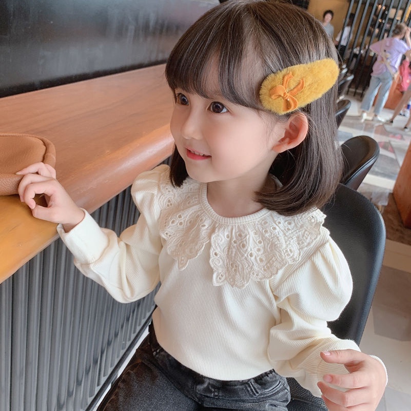 Áo thun tay dài phối ren thời trang phong cách mùa thu cho bé gái