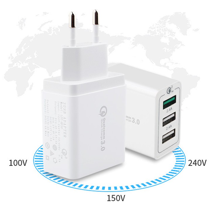Combo củ sạc nhanh Qualcomm 3 cổng và dây cáp dù  Type C, Iphone, MicroUSB siêu bền 2m