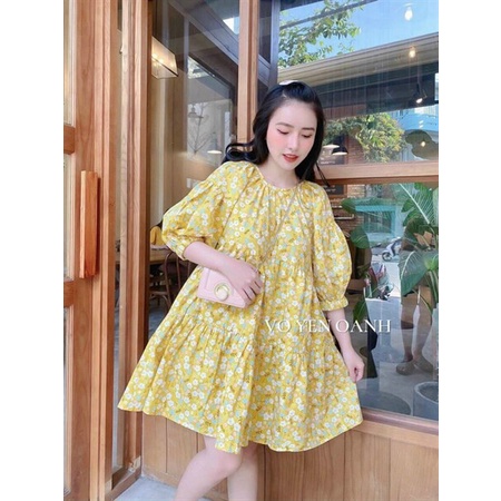 (Miên Phí Ship 2022) Đầm hoa nhí from babydoll,cổ tròn tay phồng dễ thương,tone vàng tinh tế tôn da,diện đi đâu cũng xin