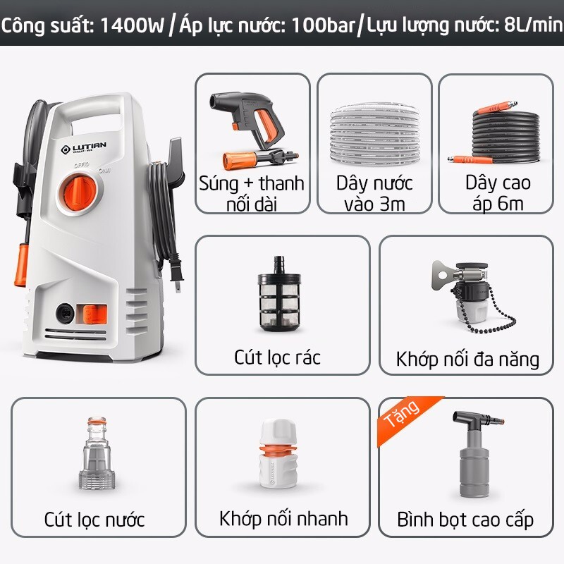 Máy rửa xe mini gia đình, máy rửa xe cao áp công suất mạnh 1400W dây nối dài 9m, dễ dàng sử dụng áp lực cao C0011D4