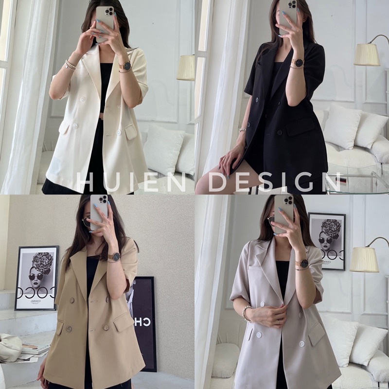 Áo khoác blazer nữ cộc tay dáng dài 4 khuy ngang hàng thiết kế Huien Design form Hàn Quốc thời trang thanh lịch