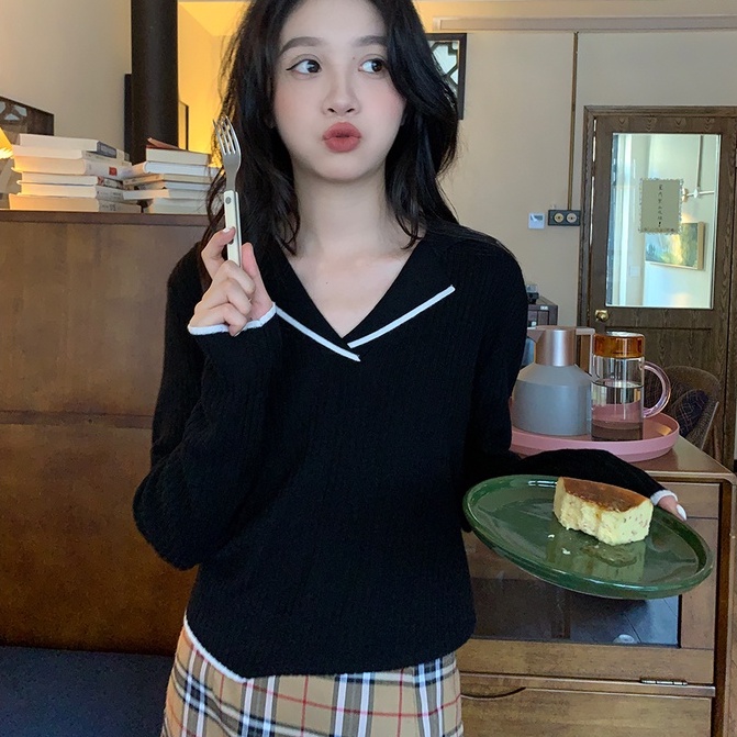 【ZHELIHANGFEI】Áo Sweater Tay Dài Cổ POLO Dáng Rộng Lưng Cao Dễ Phối Đồ