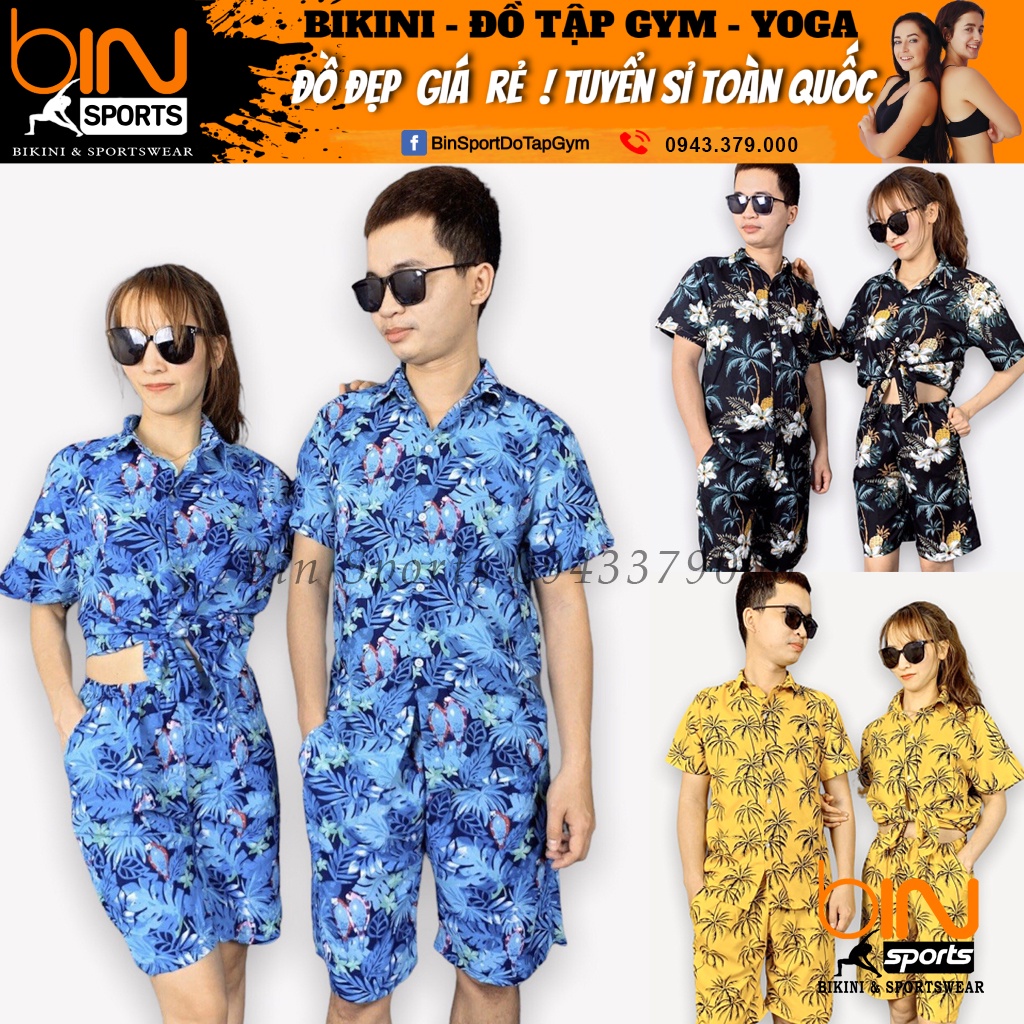Bộ sơ mi hoa lá mặc đồng phục nhóm đi biển, team building, chụp ảnh kỷ yếu đủ size nam nữ vải Kate Thái Bin Sport QB006