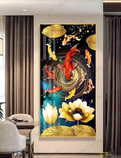 Tranh treo tường mẫu cá chép hoa sen sai 60*90cm, 60*120cm kèm khung tranh cao cấp.