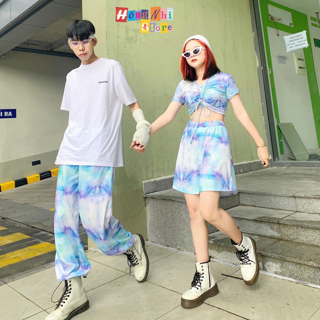 Quần Jogger 3D Ulzzang Unisex Jogger Loang Màu Dây Rút Lai Ống Rộng Xanh Nhạt - MM