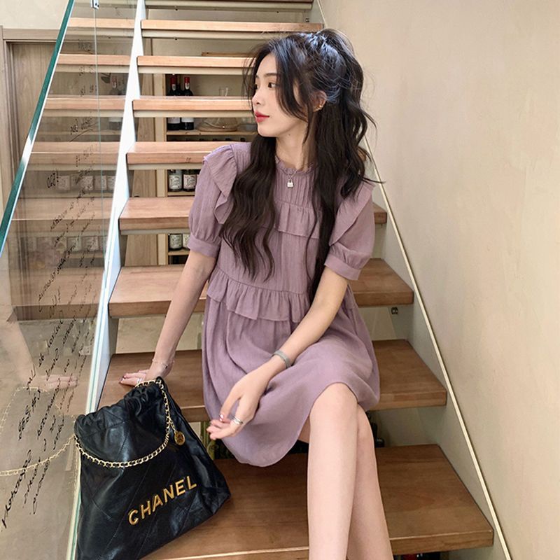 Đầm chiffon BH tay ngắn dáng rộng màu tím phong cách thời trang Hàn Quốc