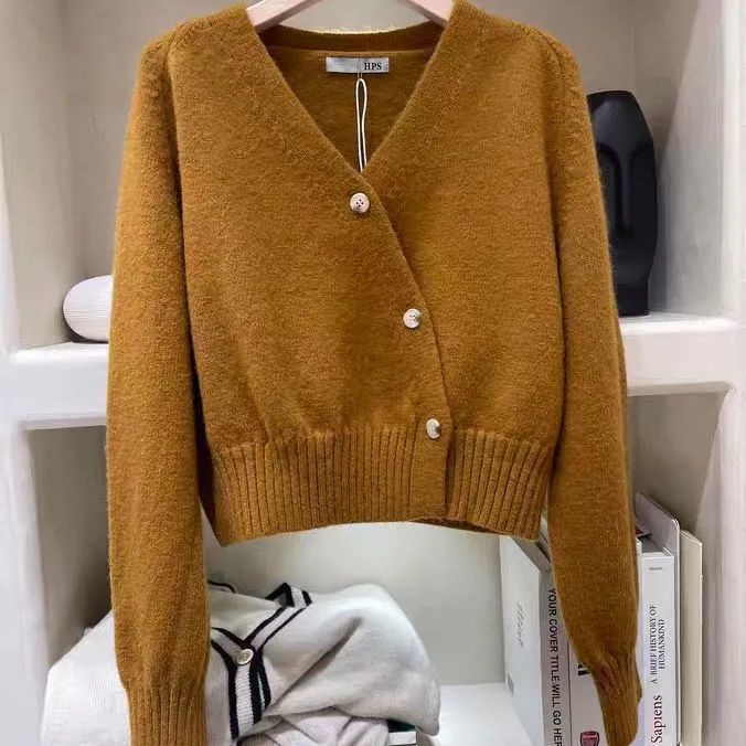 Áo khoác cardigan dệt kim màu trơn dáng rộng tay dài cài nút chéo thời trang phong cách Hàn Quốc cho nữ