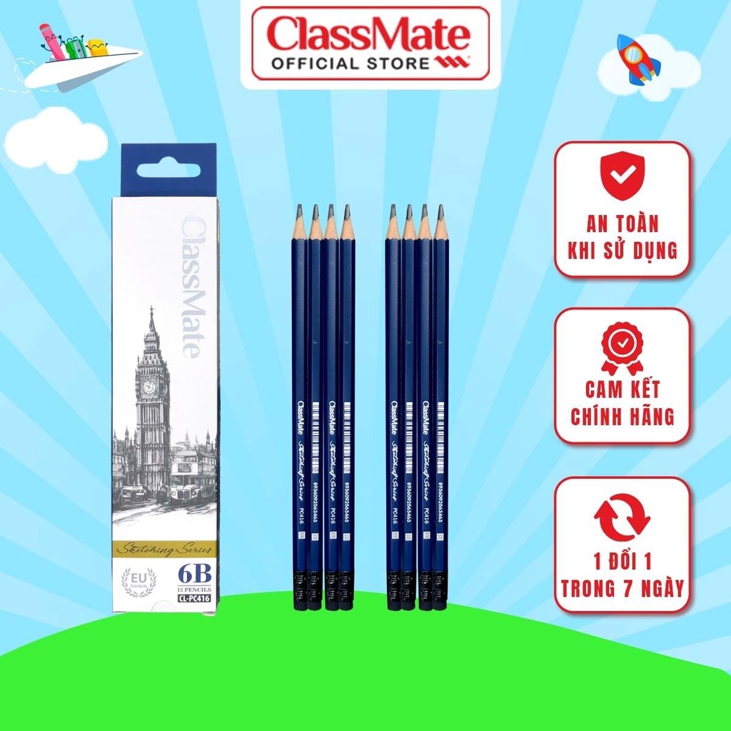 Hộp 12 Bút Chì Gỗ Có Tẩy 6B CLASSMATE Nét Bút Mịn Chì Mềm Êm Tay, Dùng Cho Bé Tập Viết CL-PC416