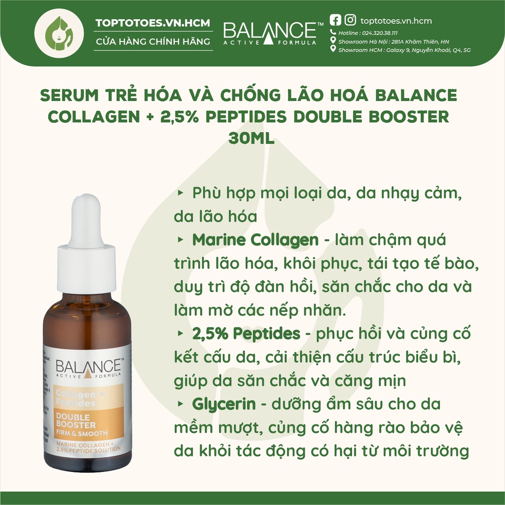 Serum trẻ hóa và chống lão hoá Balance Collagen + 2,5% Peptides Double Booster 30ml [Nhập Khẩu Chính Hãng 100%]
