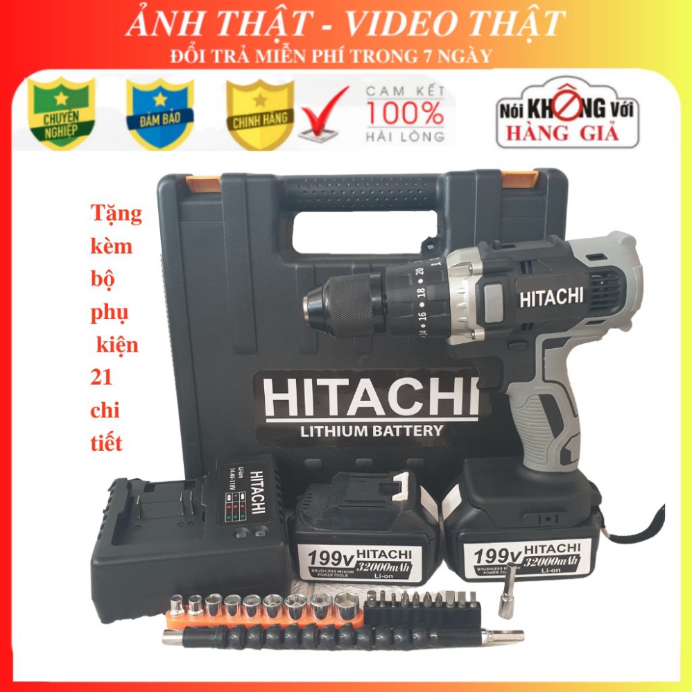 Máy khoan pin 118V Hitachi 3 chức năng có búa - Động cơ 775 siêu mạnh mẽ, Tặng 21 chi tiết ...