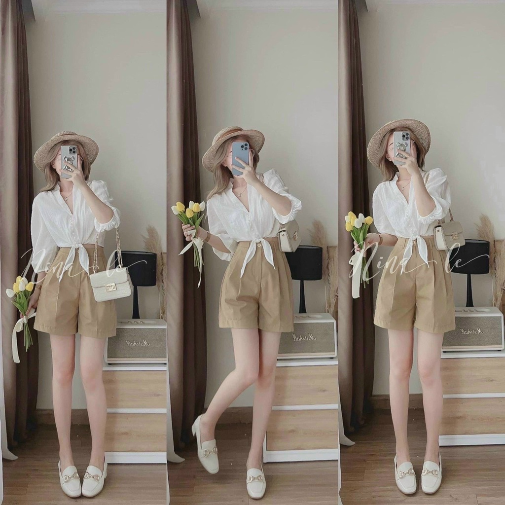 Sét Bộ Nữ Thời Trang Mặc Đi Chơi, Sét Bộ Lụa Áo Tay Lỡ Cổ V Cột Nơ Mix Quần Đùi Phong Cách Hàn Quốc