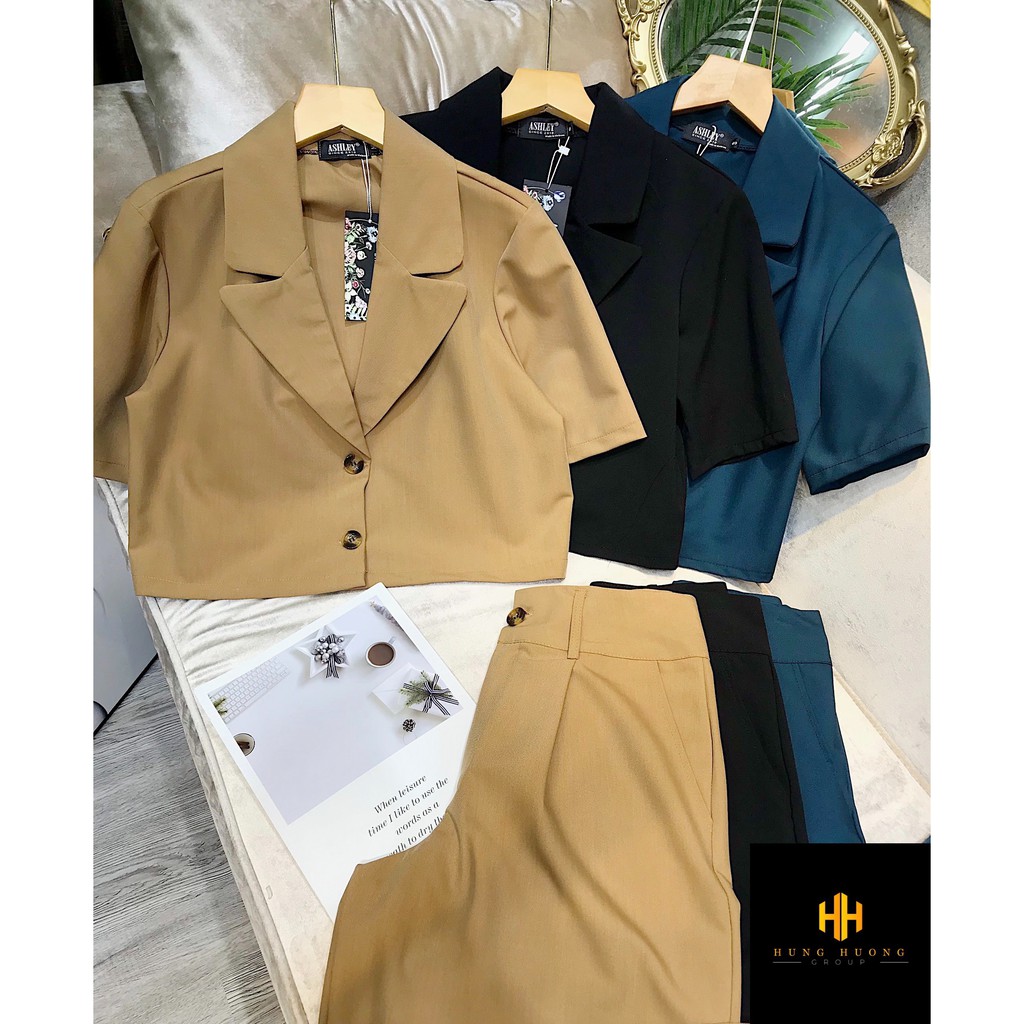 SET ÁO BLAZER DÁNG CROPTOP TAY NGẮN KÈM QUẦN SUÔNG HOT HIT