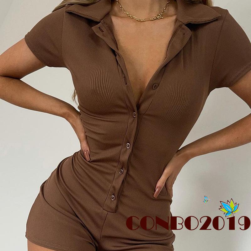 Bộ áo liền quần tay ngắn dáng ôm cài nút trước màu trơn thời trang hè thu quyến rũ dành cho nữ