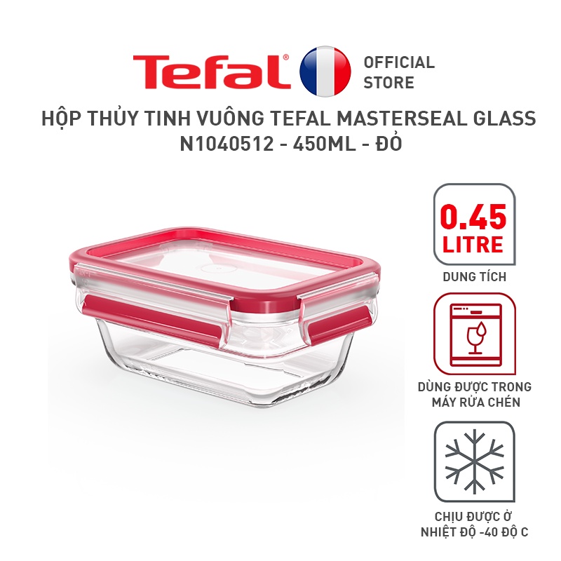 [LIFEMC11BPC -8% đơn 350K] Bộ 5 hộp thủy tinh vuông Tefal Masterseal Glass 450mlx 2, 700ml, 850ml, 1.1L - đỏ