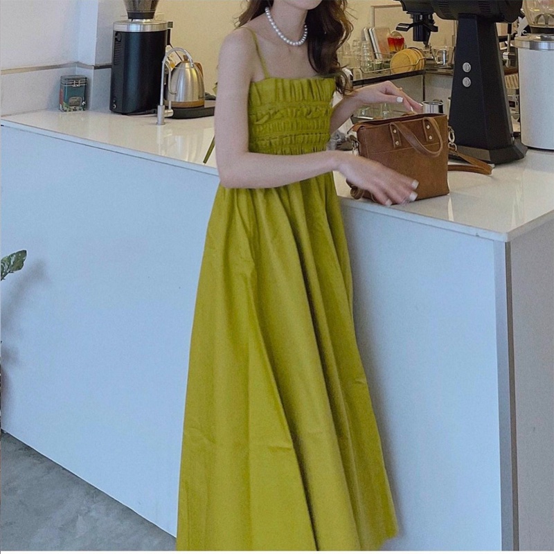 Váy maxi xanh cốm váy nữ 2 dây bo chun đi chơi du lịch