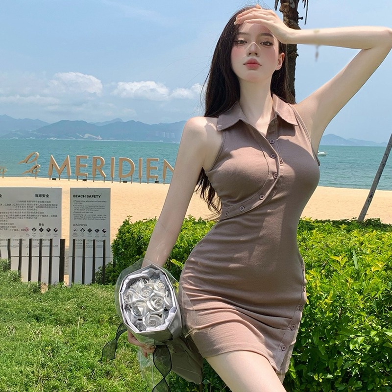 Đầm Không Tay Cổ Bẻ Cài Nút Xẻ Tà Màu Sắc Trơn Phong Cách Hàn Quốc Thời Trang Cho Nữ